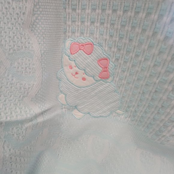 Vintage Baby Kisses Acrylic Made in Japan Baby Blanket Fringe Sheep Lamb Check - Picture 11 of 16